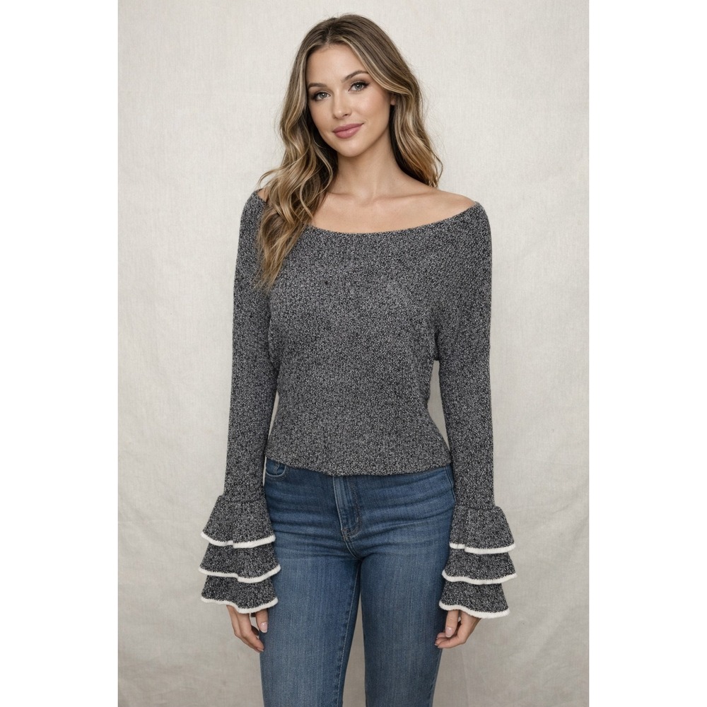 Express Womens Marled Knit Boat Neck Sweater Triple Tier Ruffle Bell Cuff GreyXS